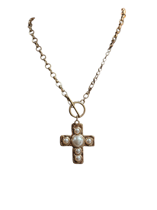 Small Gold Pearl Cross Necklace