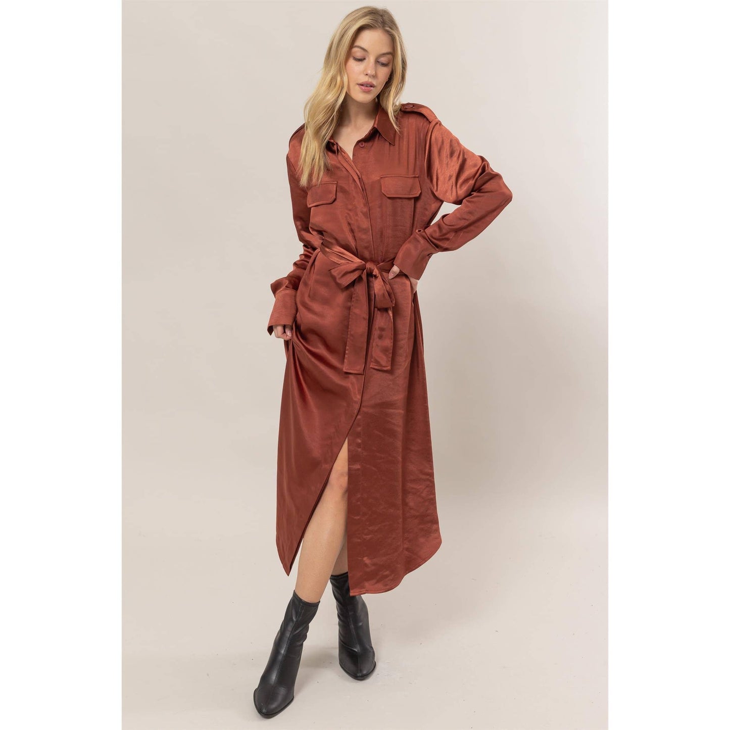 Matte Satin Belted Midi Shirt Dress
