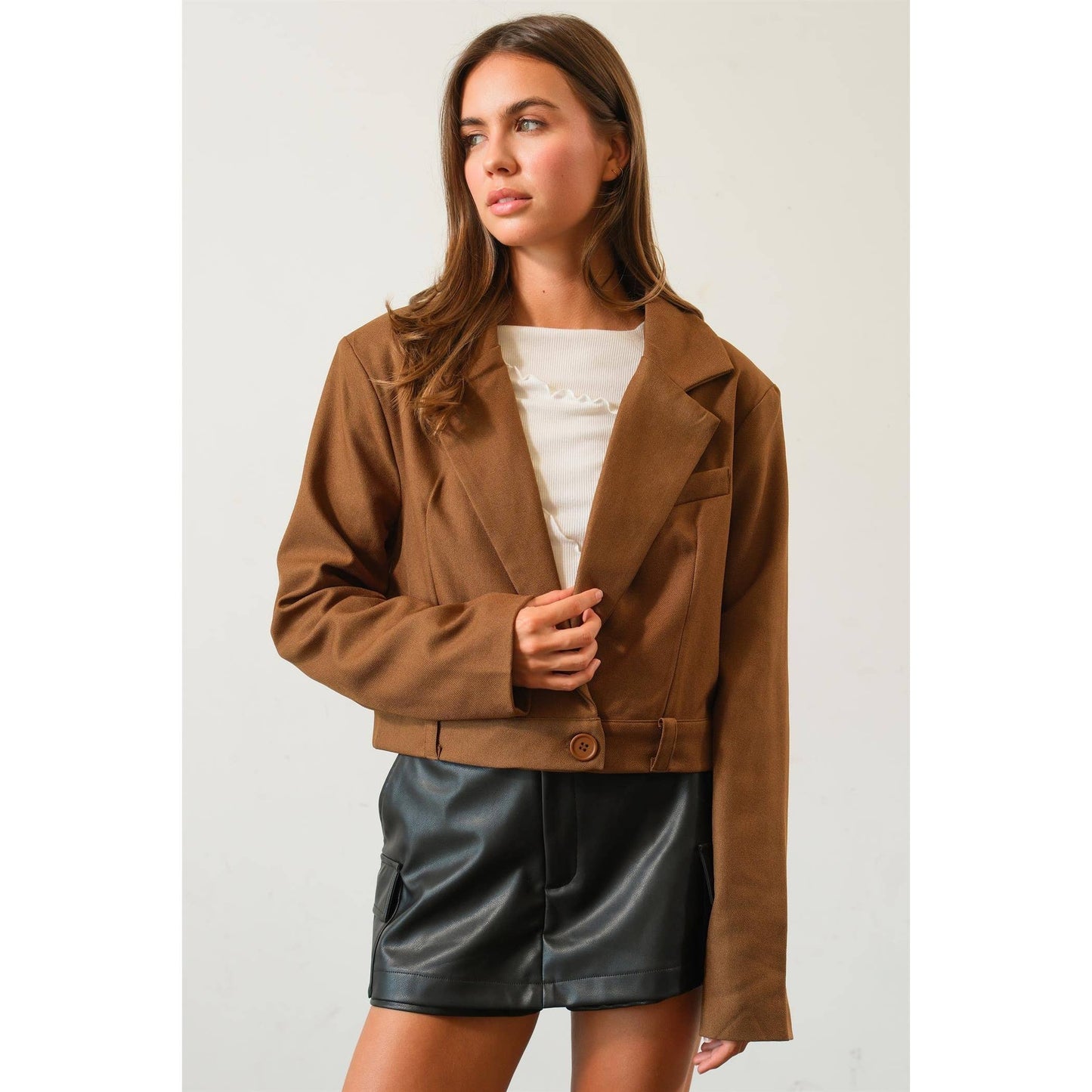Button Band Cropped Jacket: MOCHA
