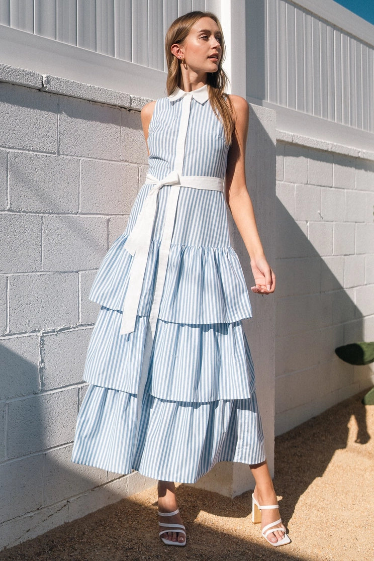 "Olivia" Collared Sleeveless Ruffle Maxi Dress