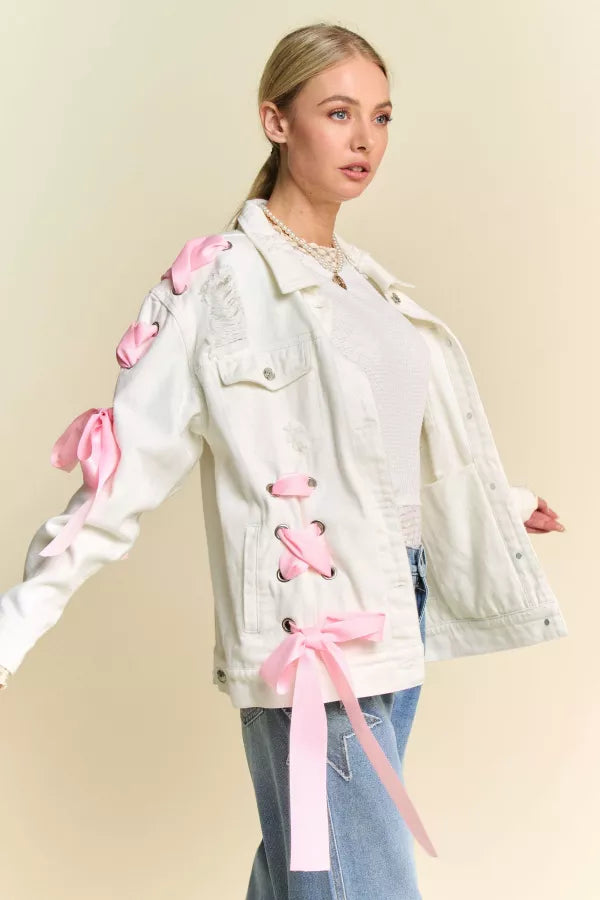 Tied In White Denim Lace Ribbon Jacket - Pre Order