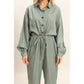 Drawstring Long Sleeve Jumpsuit: OLIVE