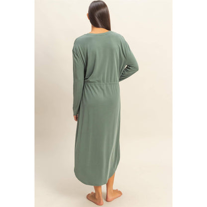 Drawstring Waist Long Sleeve Midi Dress: DEEP POND