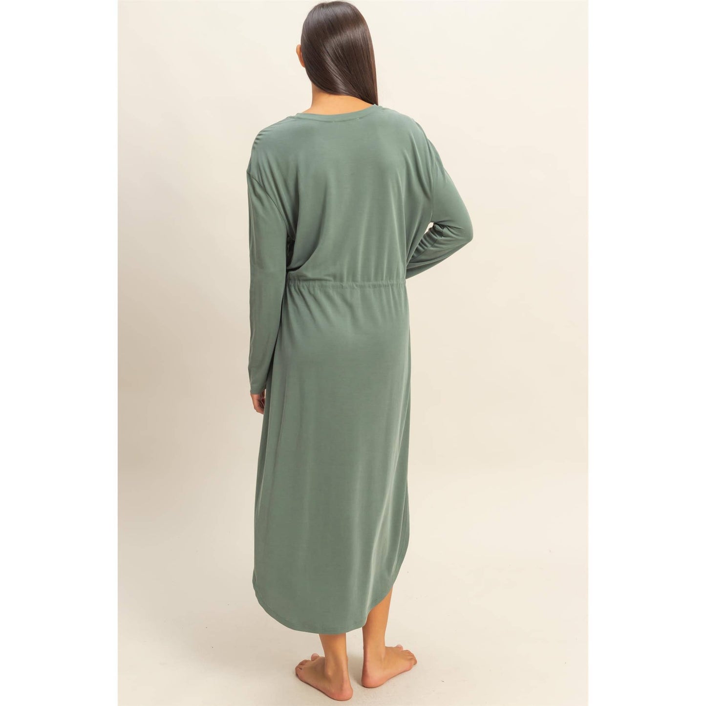 Drawstring Waist Long Sleeve Midi Dress: DEEP POND