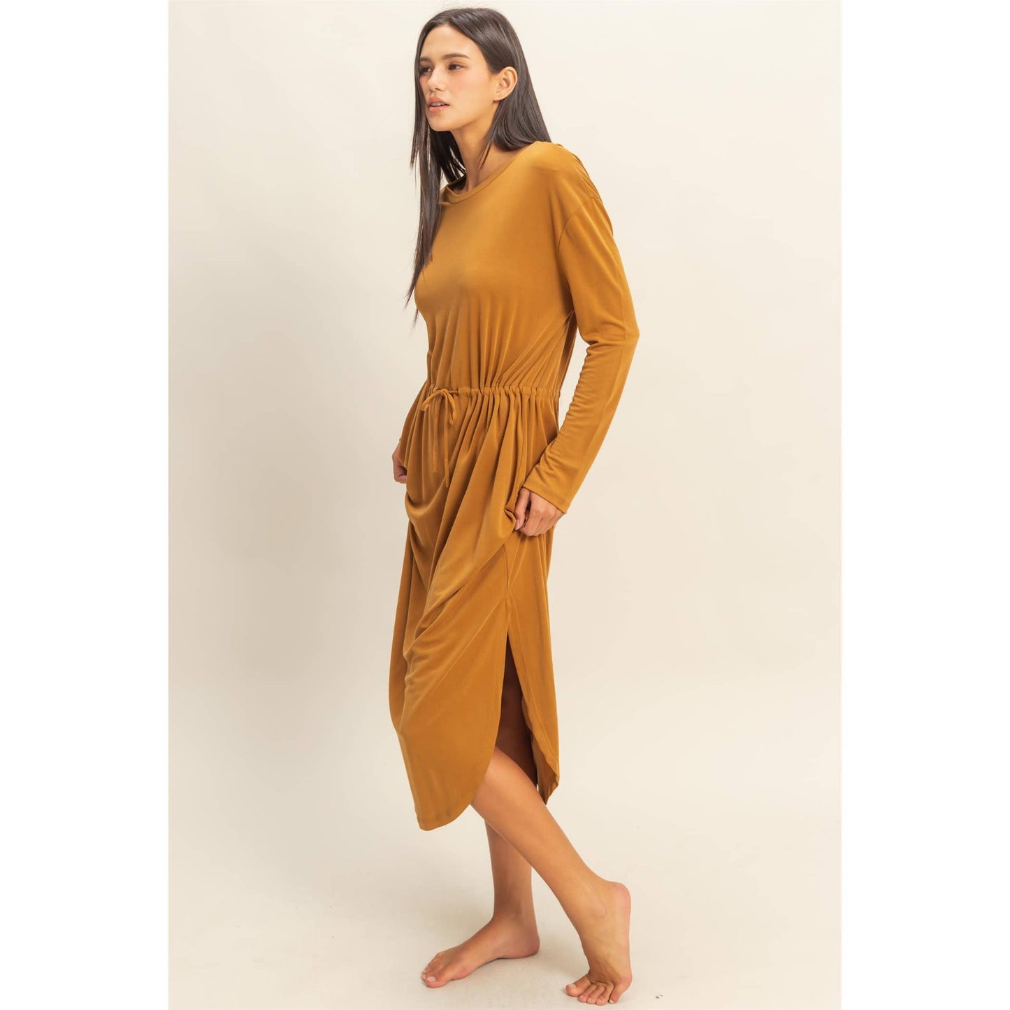 Drawstring Waist Long Sleeve Midi Dress: DEEP POND