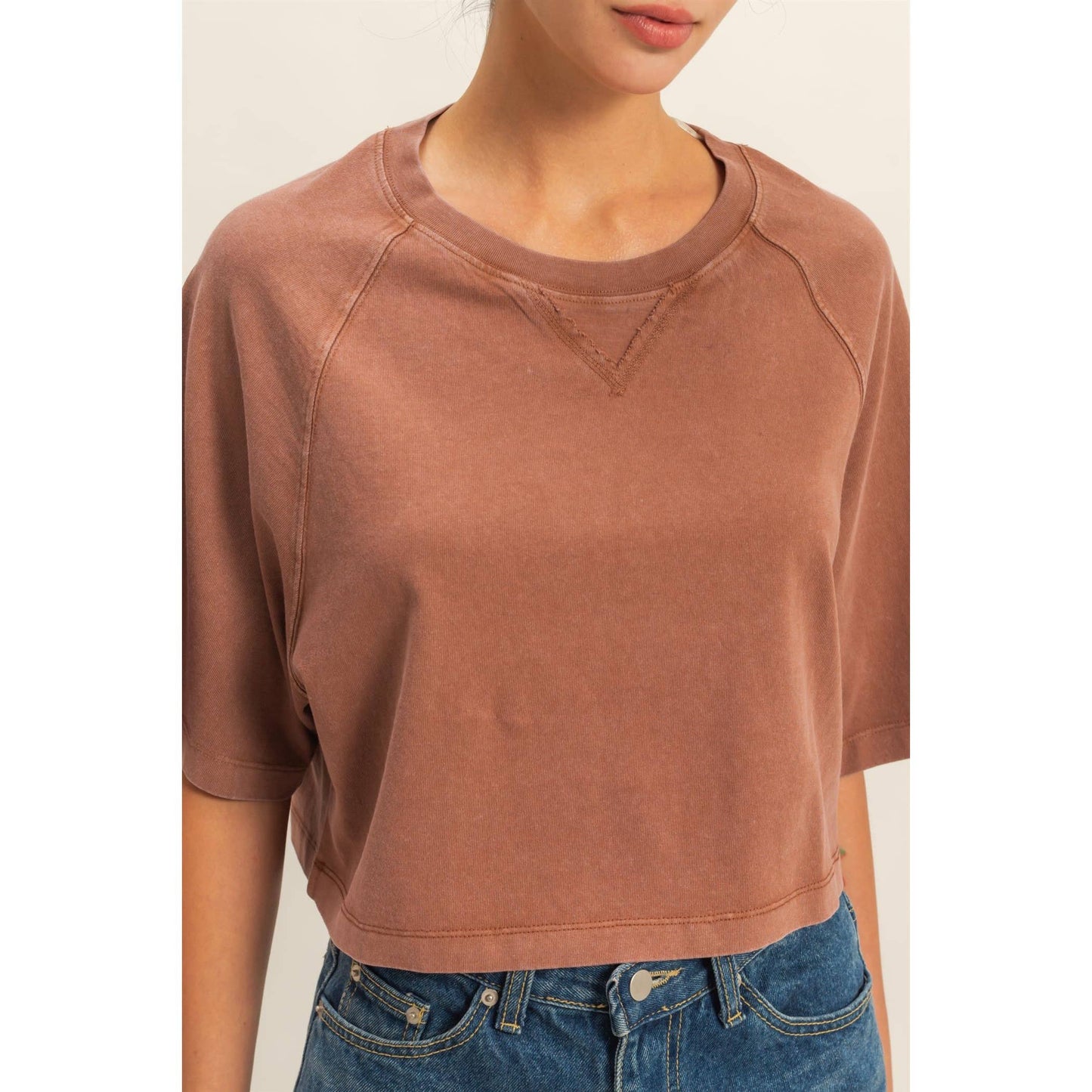 Short Sleeve Mineral Washed Cropped Tee: DARK TAUPE / S-M-L(2-2-2)