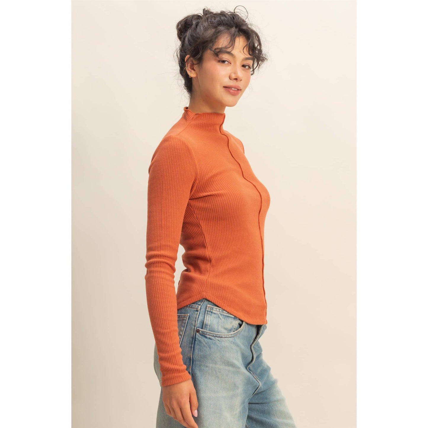 Ribbed High Neck Seam Detail Long Sleeve Top: DUSTY PINK