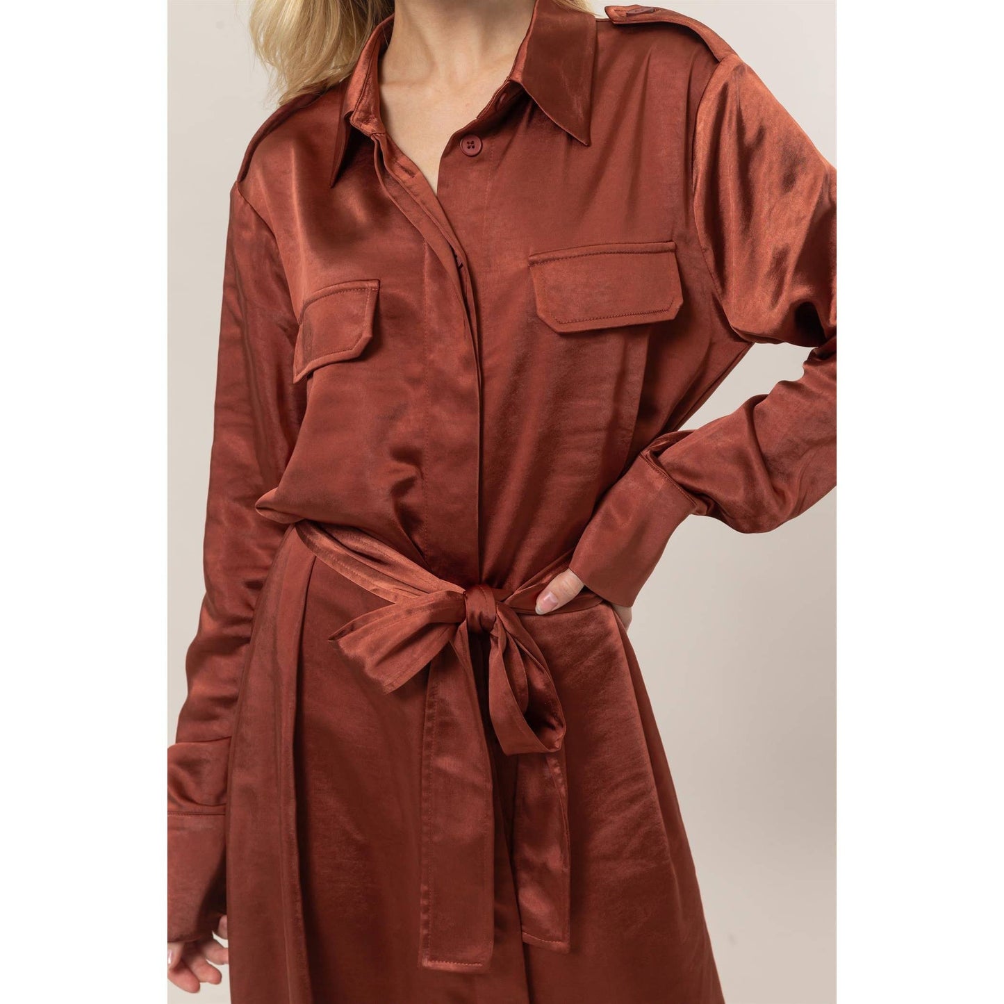 Matte Satin Belted Midi Shirt Dress
