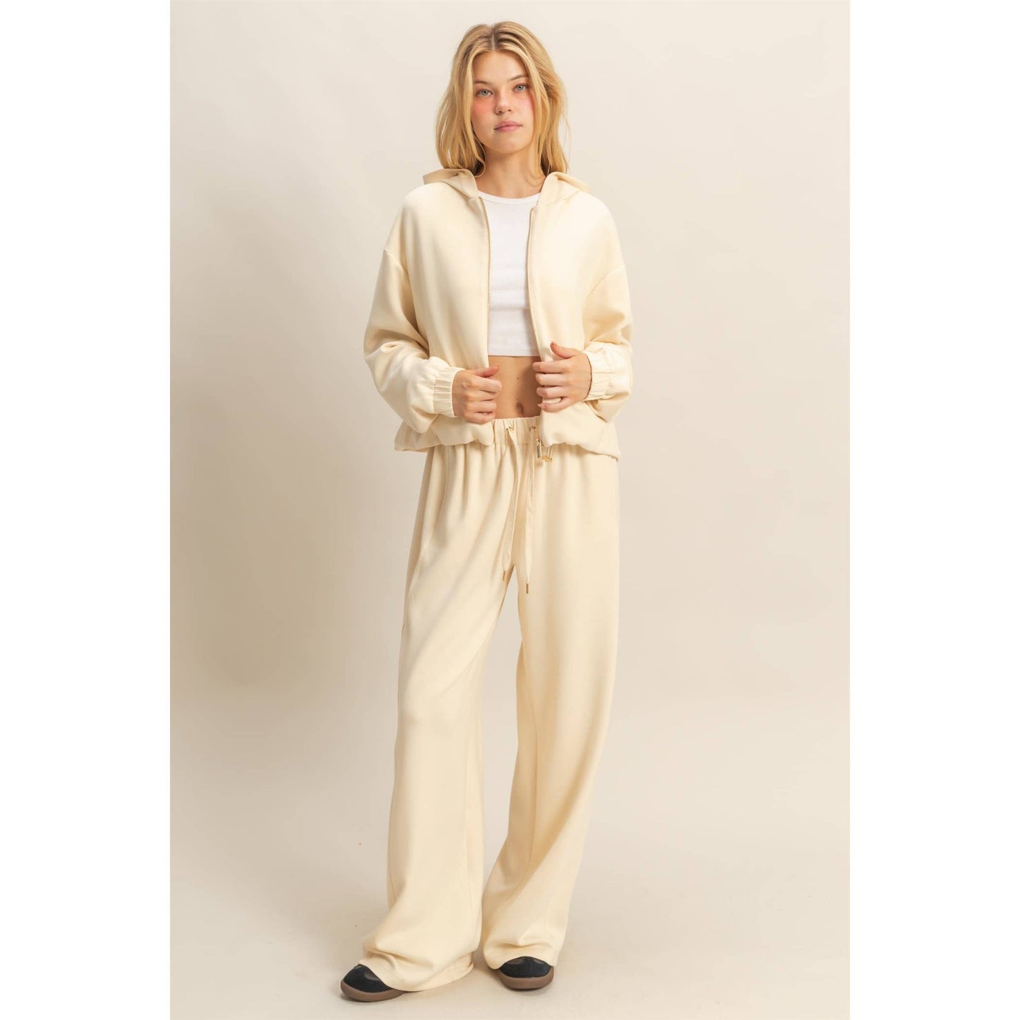 Knit Wide-Leg Trousers With Drawstring Waist: SAGE GREEN / S-M-L(2-2-2)