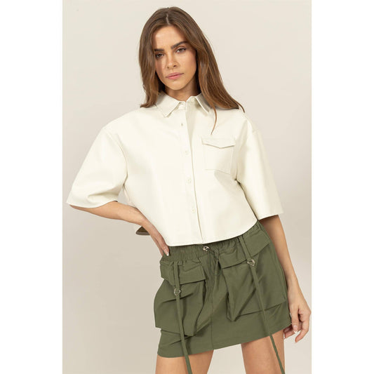 Faux Leather Button-Down Cropped Shirt
