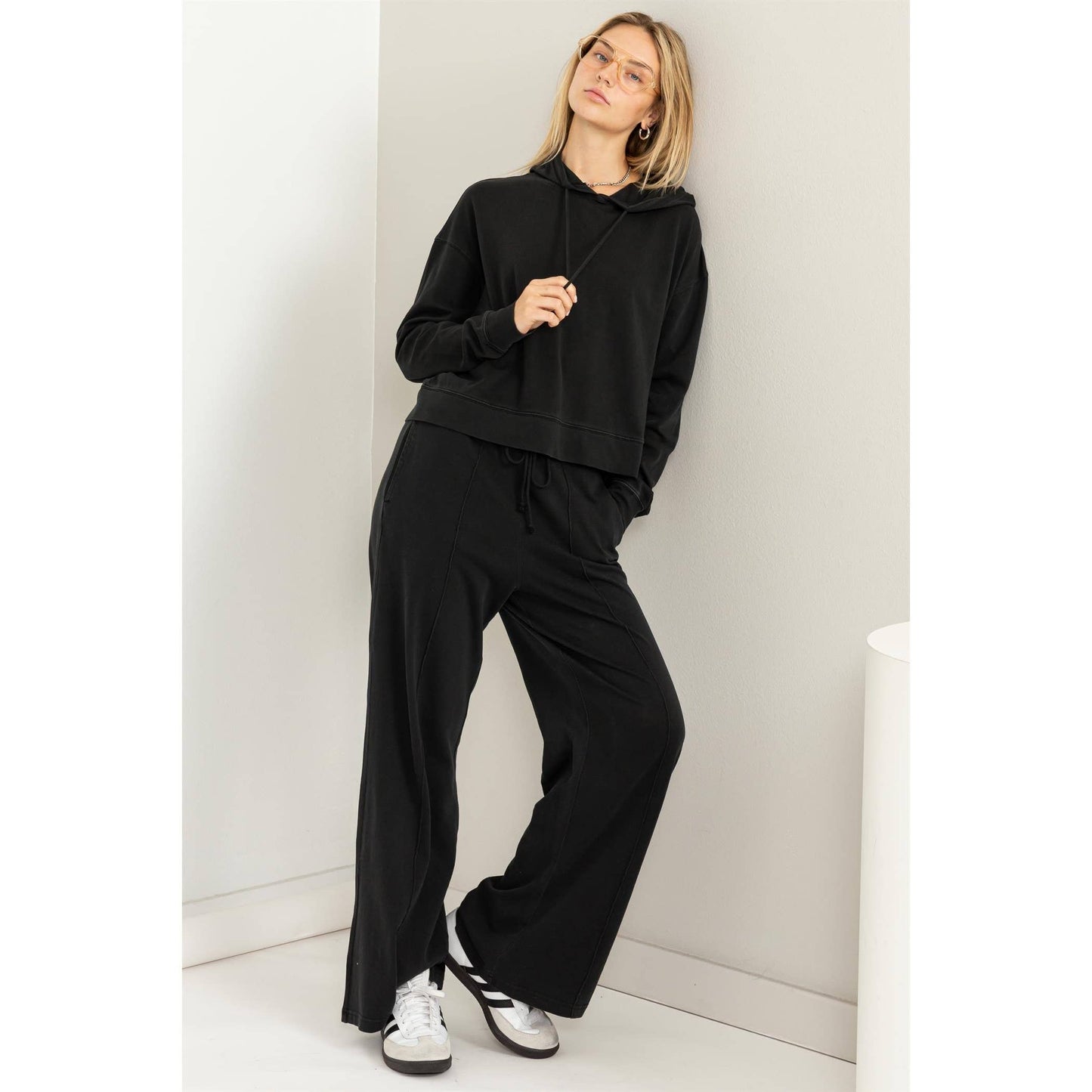 High Waist Drawstring Wide Leg Pants: PALE OLIVE / S-M-L(2-2-2)