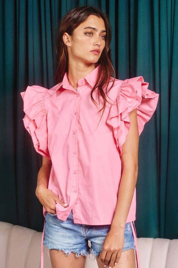 Tiered Ruffle Sleeve Solid Shirt Blouse: PINK