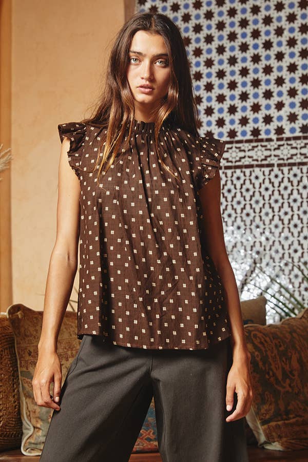 Pretty Ruffle Neck And Shoulder Blouse: BROWN
