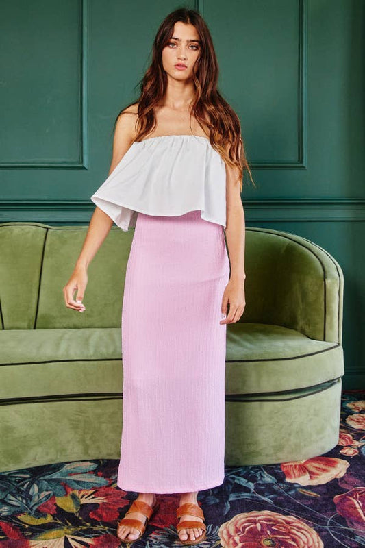 Rib Knit Bodycon Maxi Skirt With Back Slit: BABY PINK