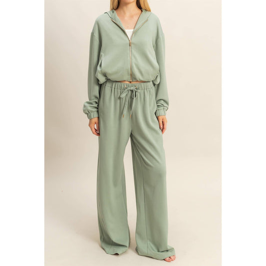 Knit Wide-Leg Trousers With Drawstring Waist: SAGE GREEN / S-M-L(2-2-2)