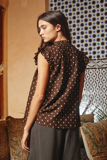 Pretty Ruffle Neck And Shoulder Blouse: BROWN