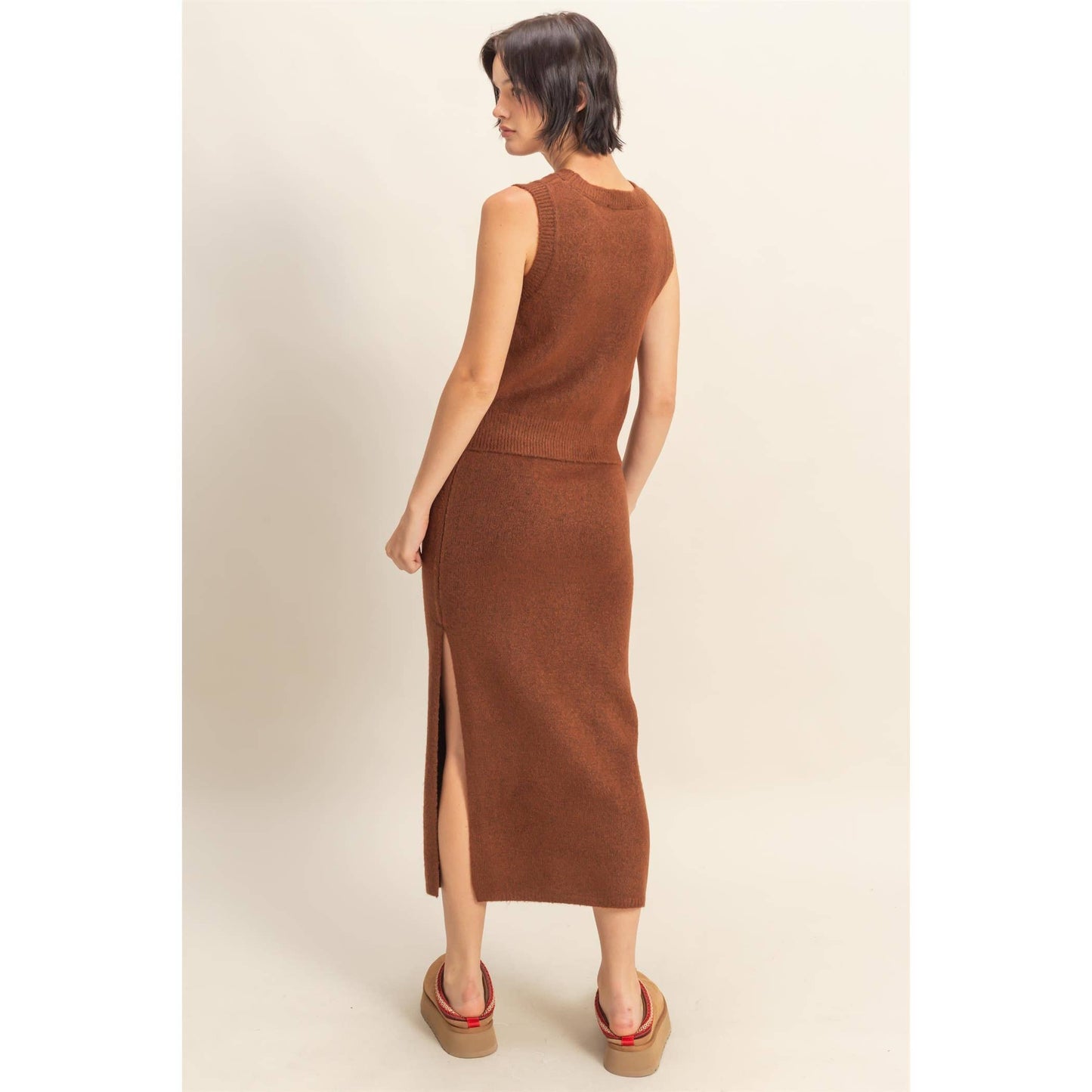 Button Front Vest & Midi Skirt Knit Set: SAGE GREEN