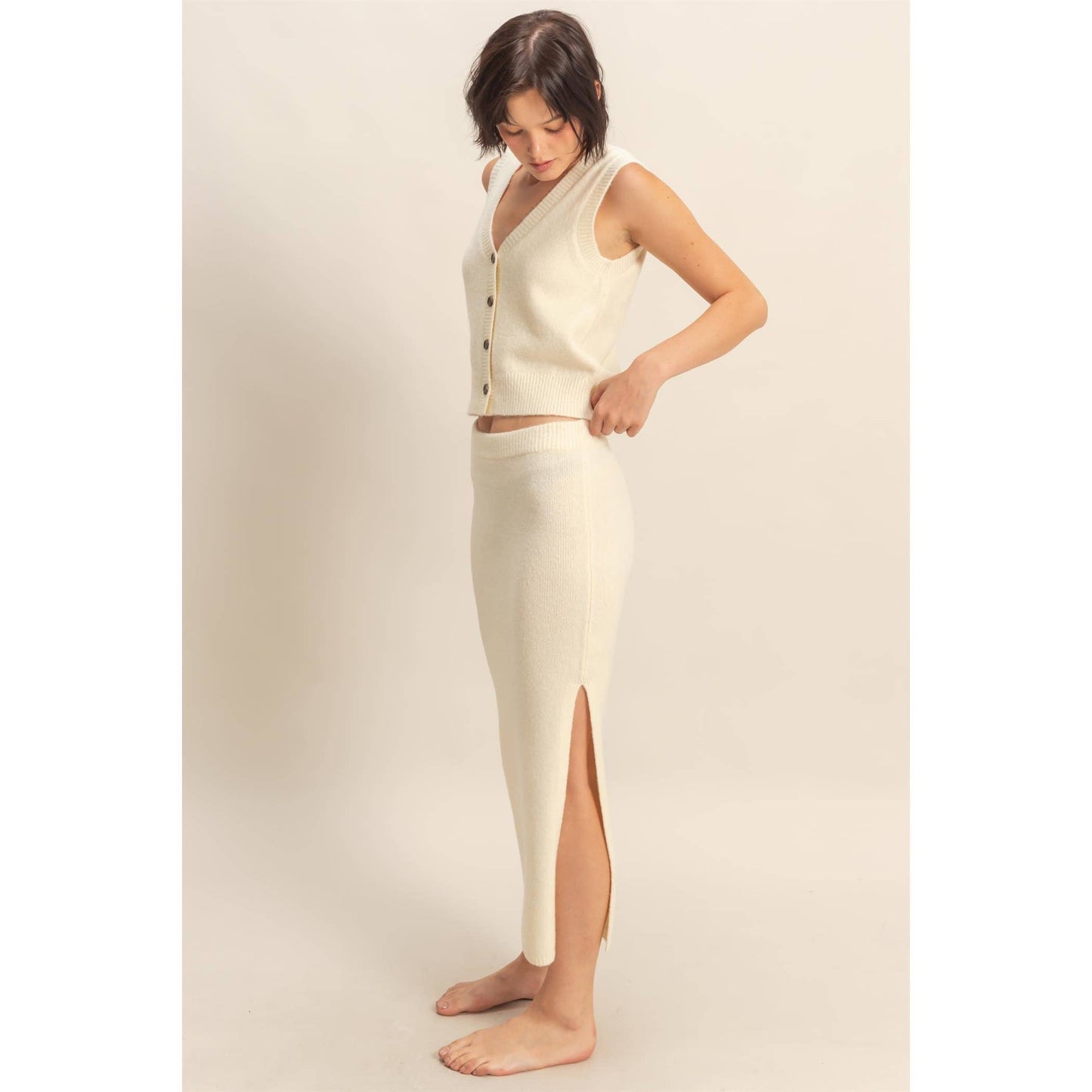 Button Front Vest & Midi Skirt Knit Set: SAGE GREEN