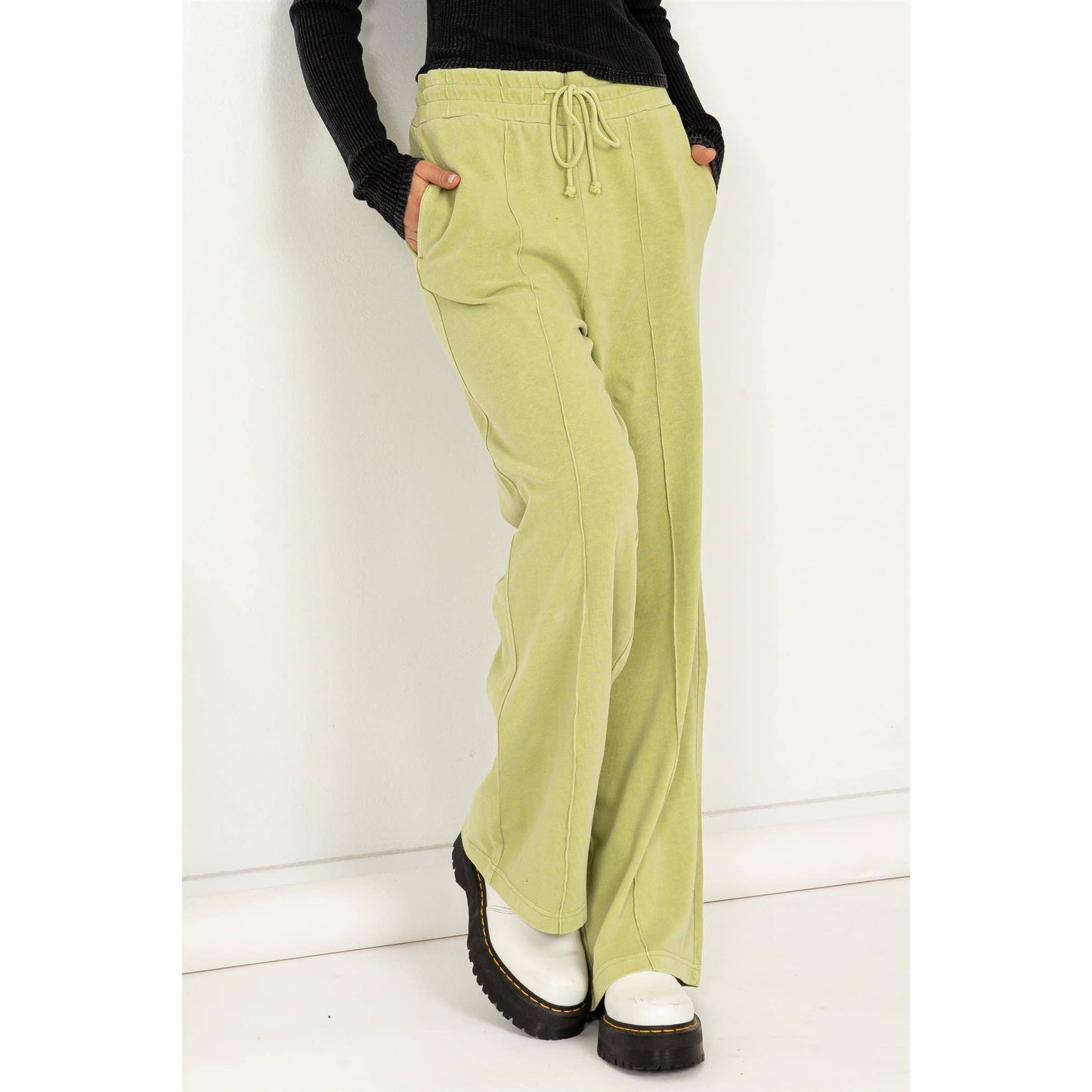 High Waist Drawstring Wide Leg Pants: PALE OLIVE / S-M-L(2-2-2)