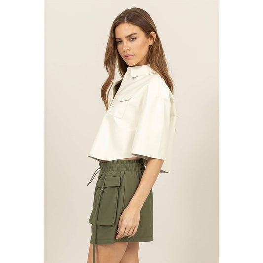 Faux Leather Button-Down Cropped Shirt