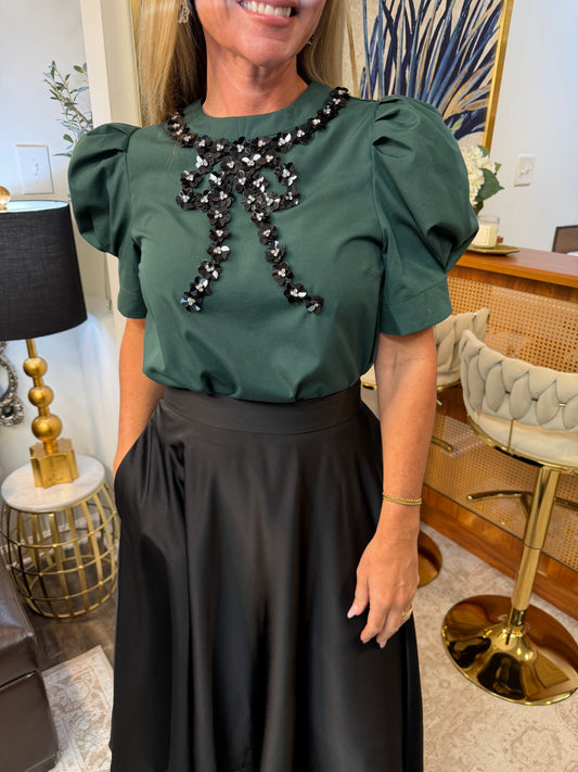Hunter Green Sequined Bow Shirt