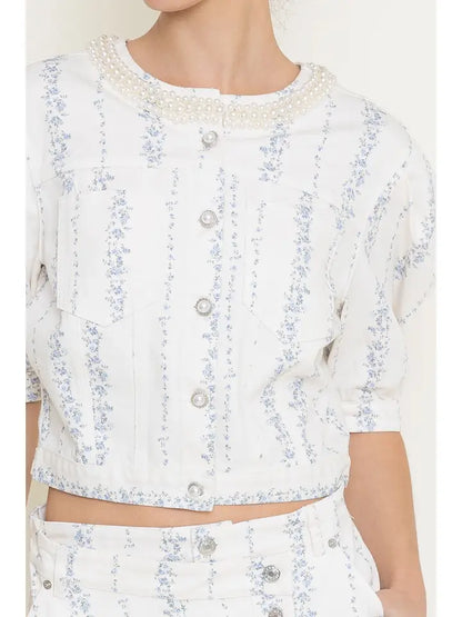 Daphne Ivory Denim Floral and Pearl Top
