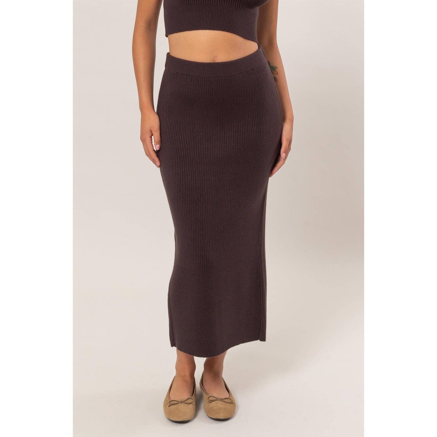 Ribbed Knit Midi Skirt: CREAM / S-M-L(2-2-2)