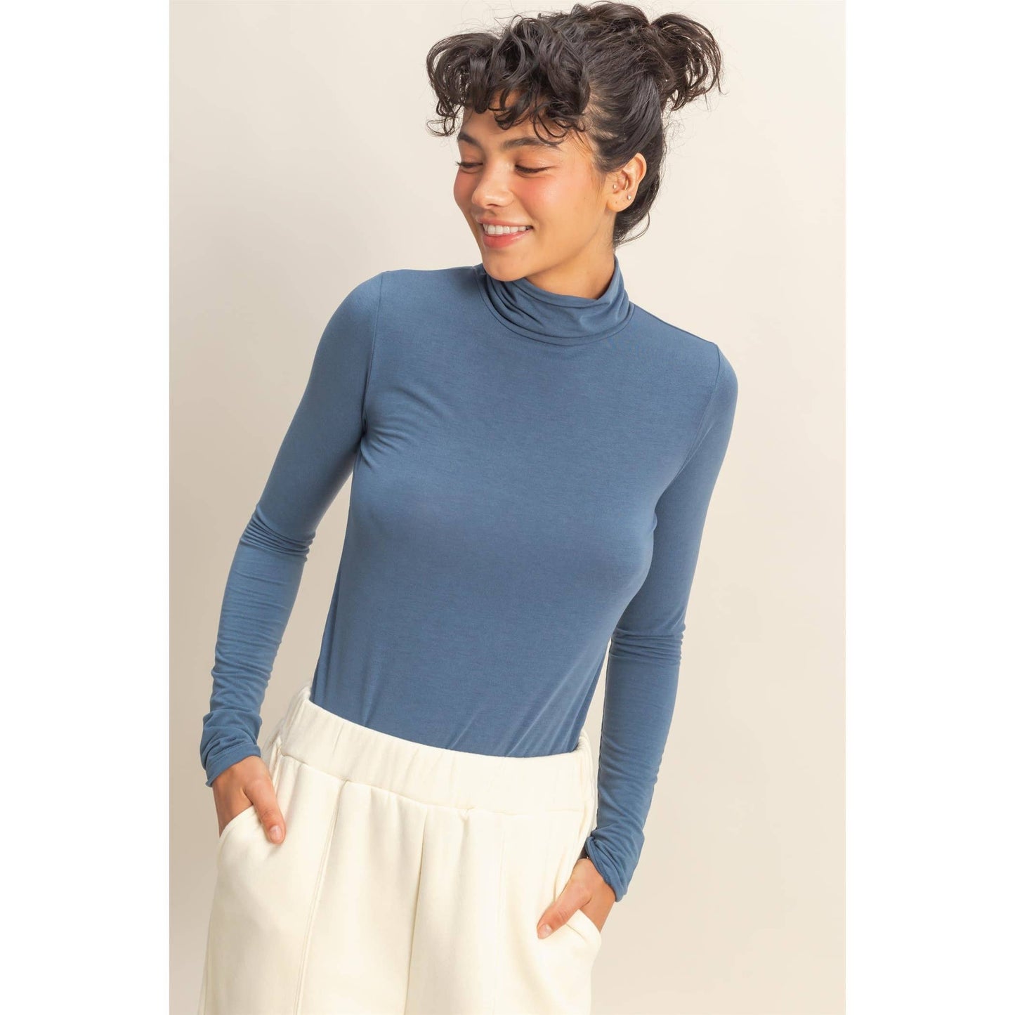 Turtleneck Long Sleeve Fitted Top: SAGE GREEN / S-M-L(2-2-2)