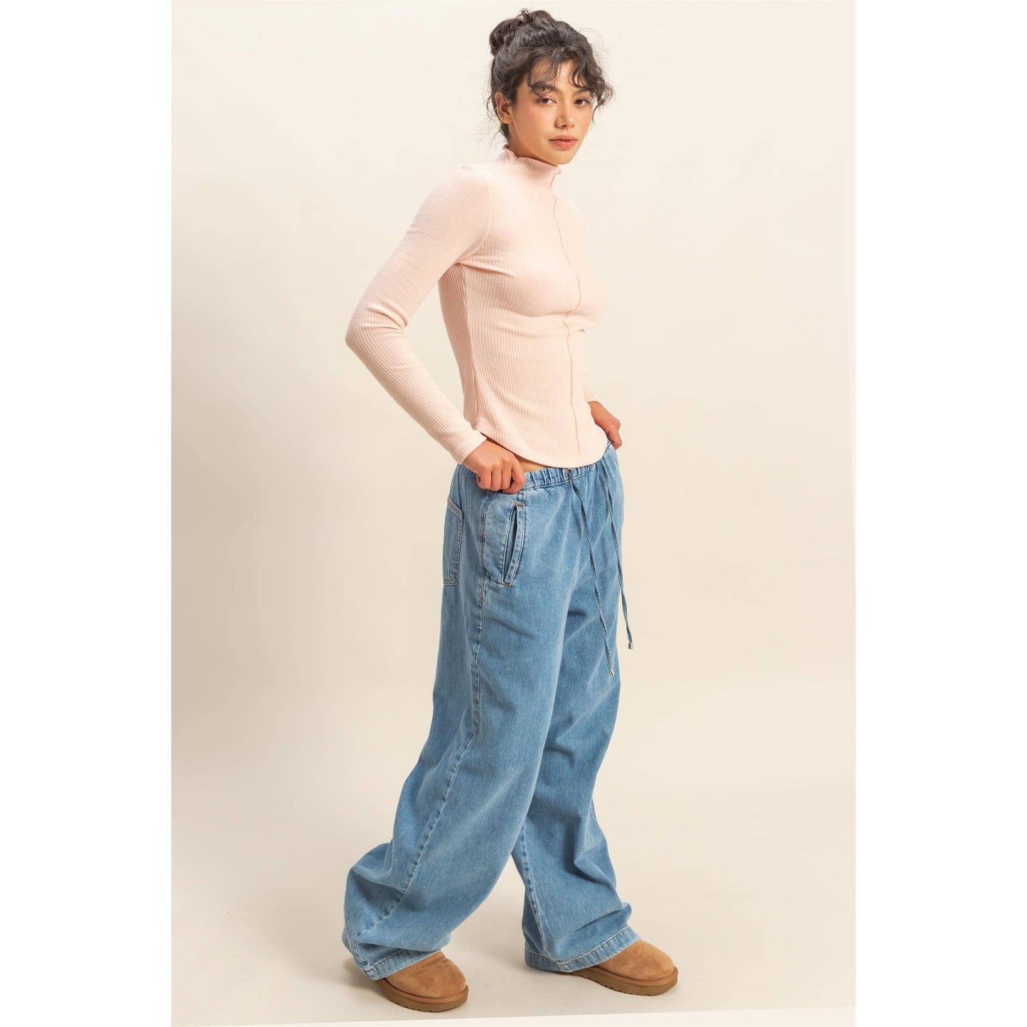 Ribbed High Neck Seam Detail Long Sleeve Top: DUSTY PINK