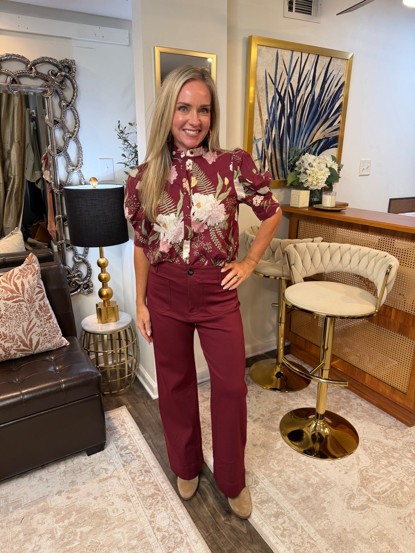 Burgundy Hi Waist Wide Leg Pants