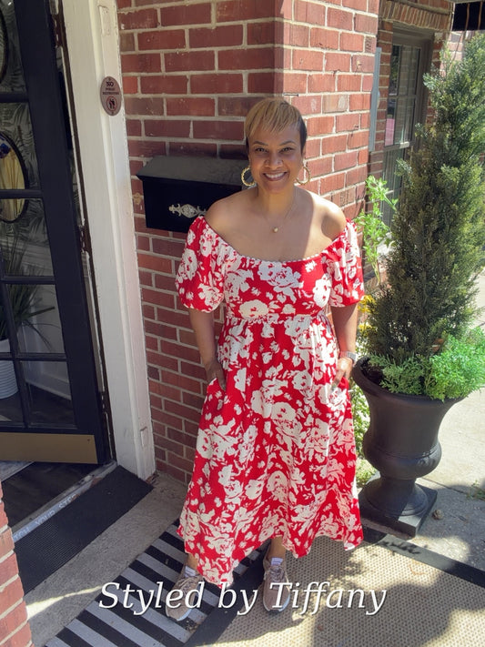 Red Floral Dress W/ Puff Sleeve