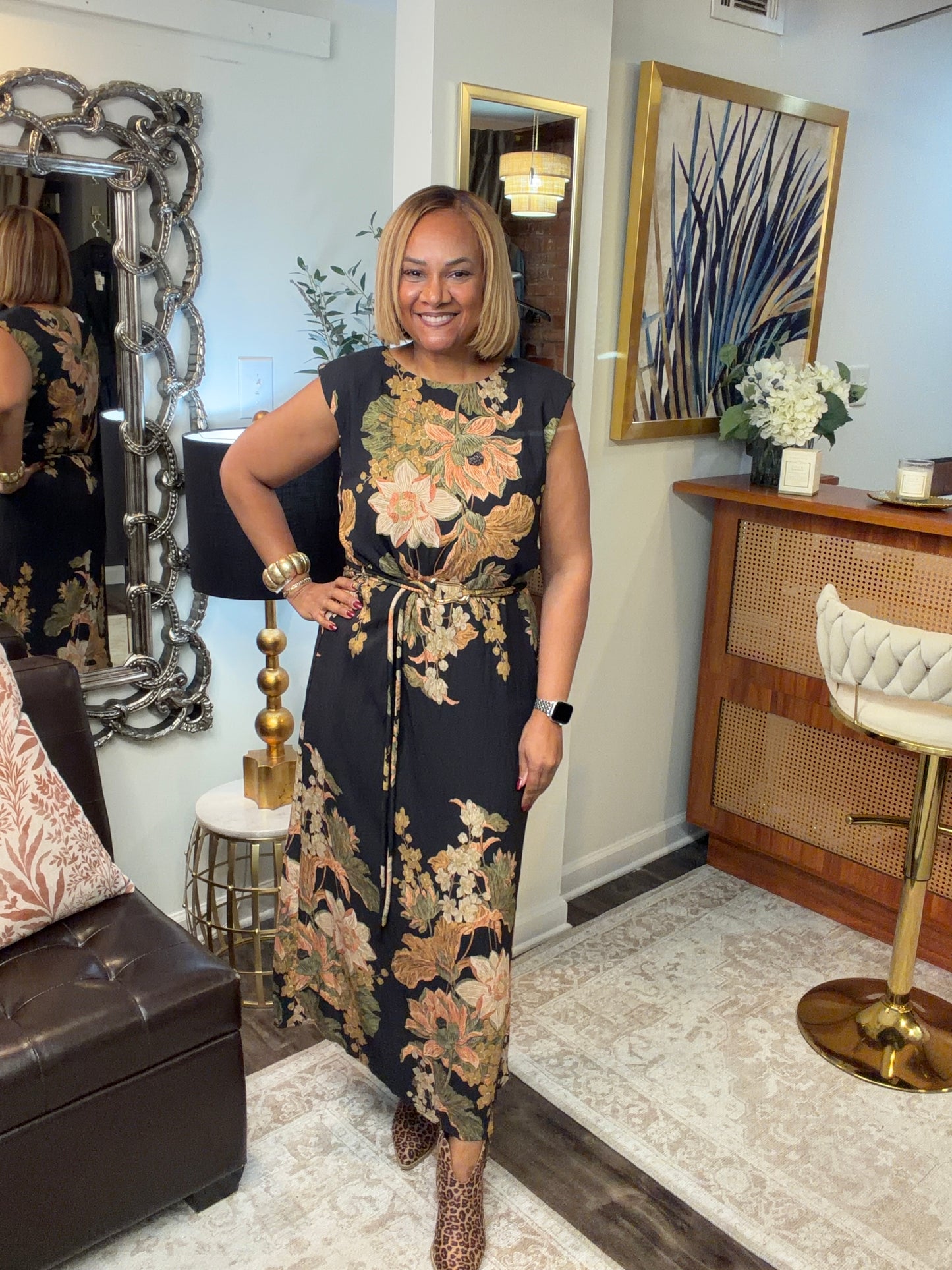 Susie Floral Black Midi Dress