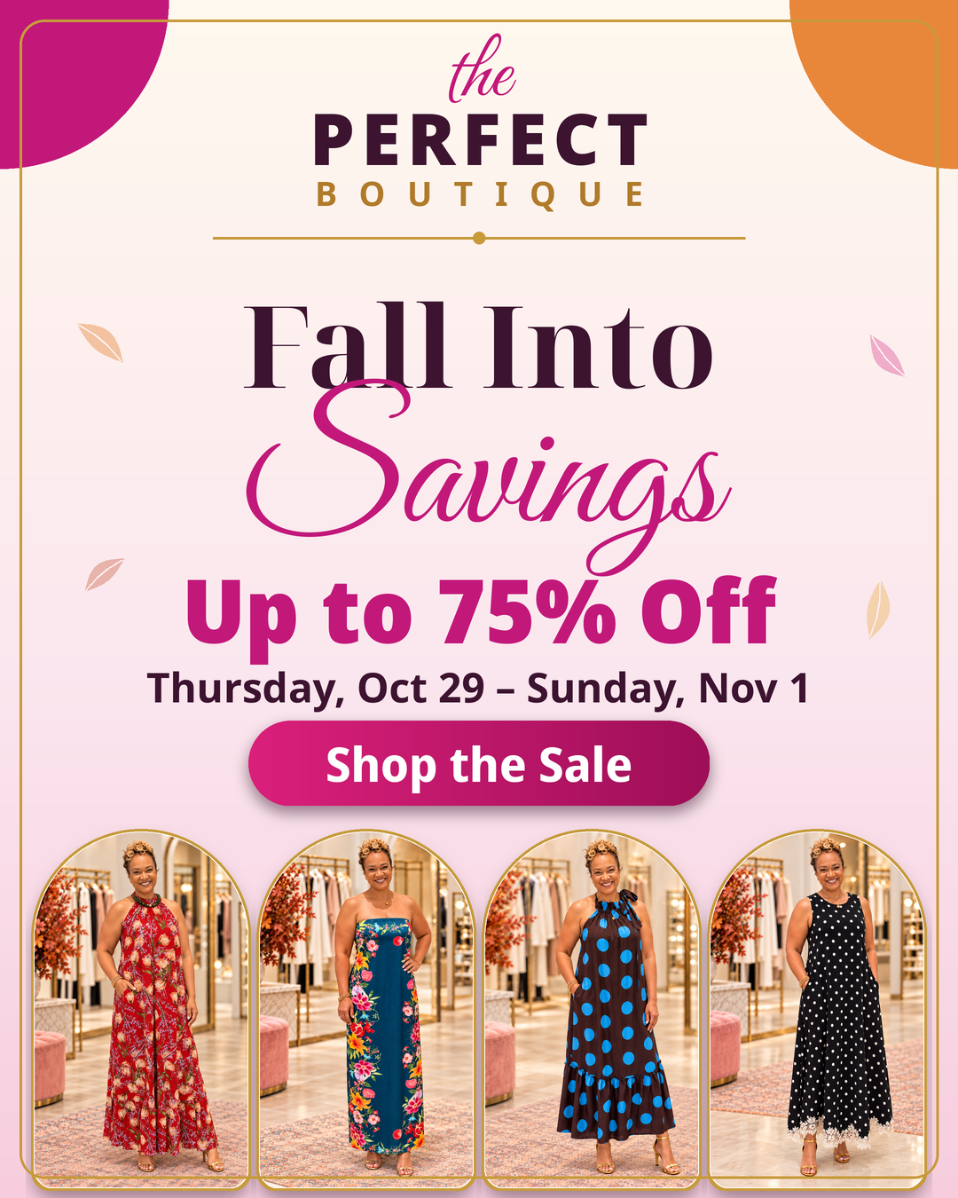 Fall Into Savings sale banner with boutique models