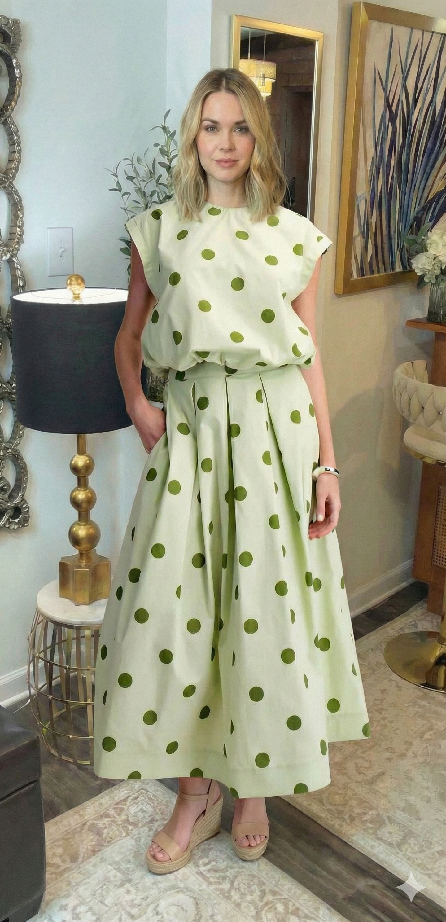 Polka Dot Pleated Midi Skirt