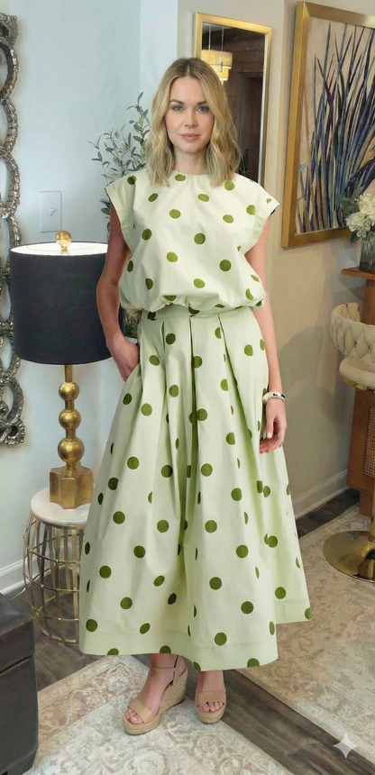 Polka Dot Pleated Midi Skirt