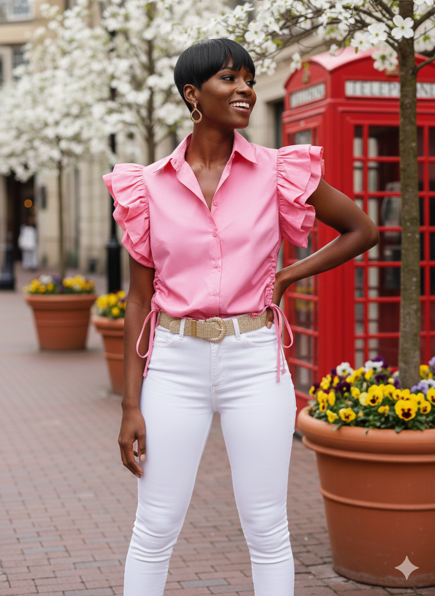 Tiered Ruffle Sleeve Solid Shirt Blouse: PINK