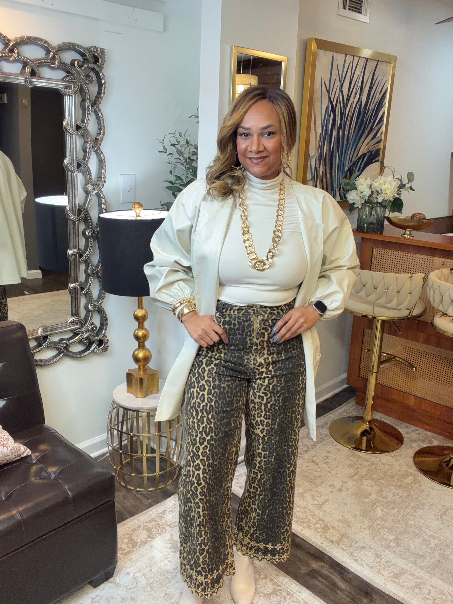 Cropped Leopard Eyelet Pants