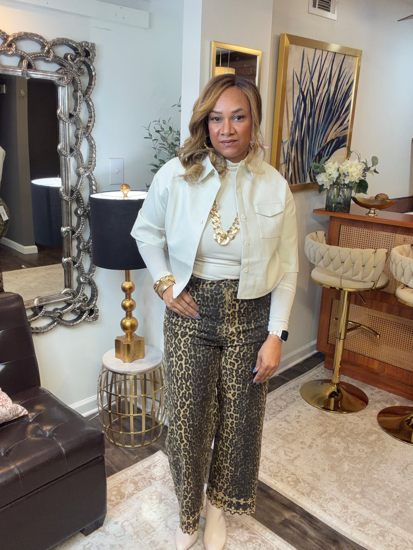 Faux Leather Button-Down Cropped Shirt