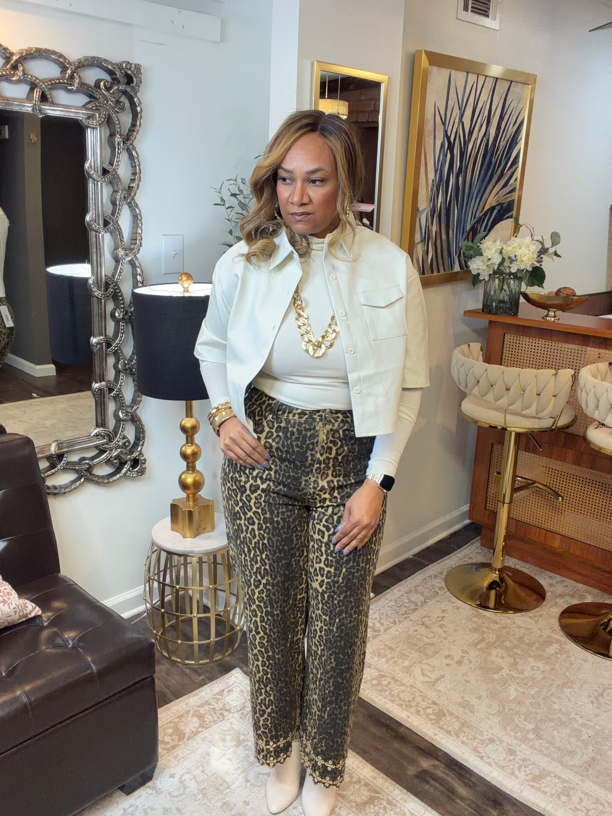 Faux Leather Button-Down Cropped Shirt