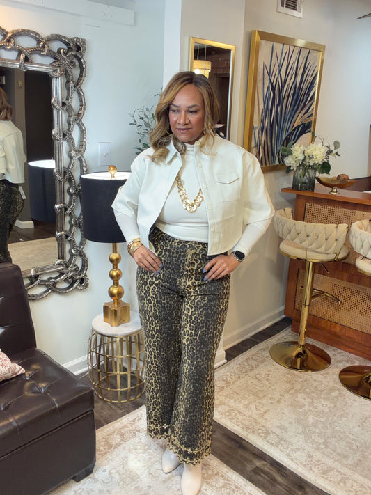 Faux Leather Button-Down Cropped Shirt