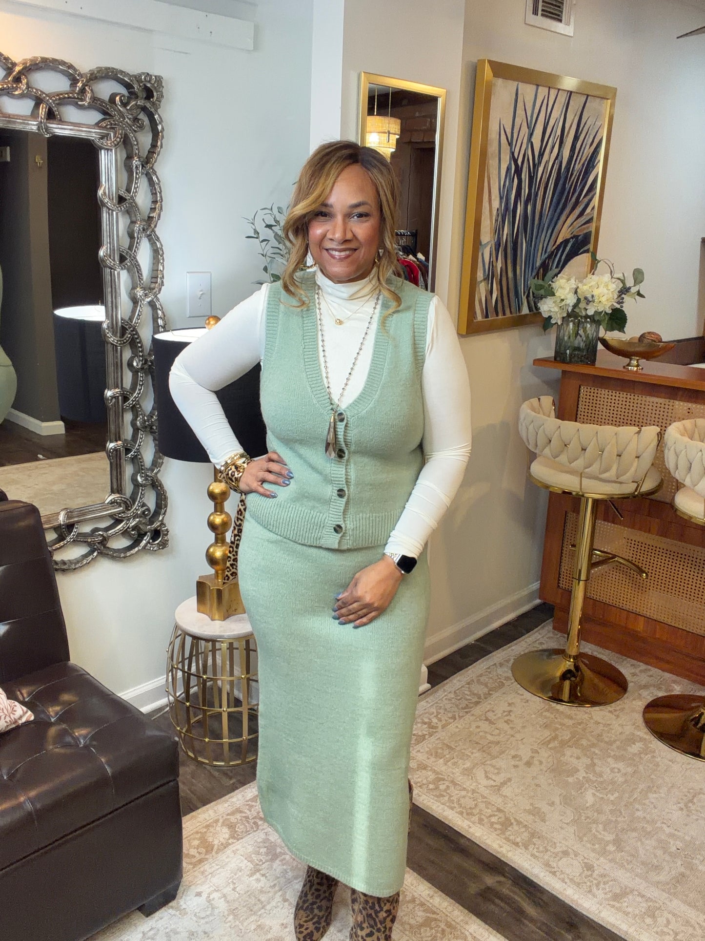 Button Front Vest & Midi Skirt Knit Set: SAGE GREEN