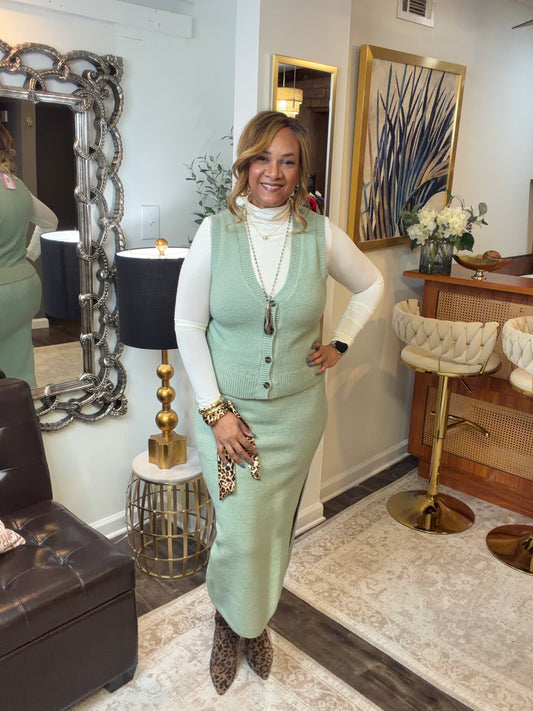 Button Front Vest & Midi Skirt Knit Set: SAGE GREEN