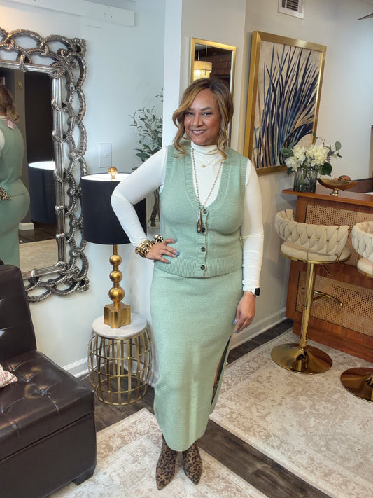 Button Front Vest & Midi Skirt Knit Set: SAGE GREEN