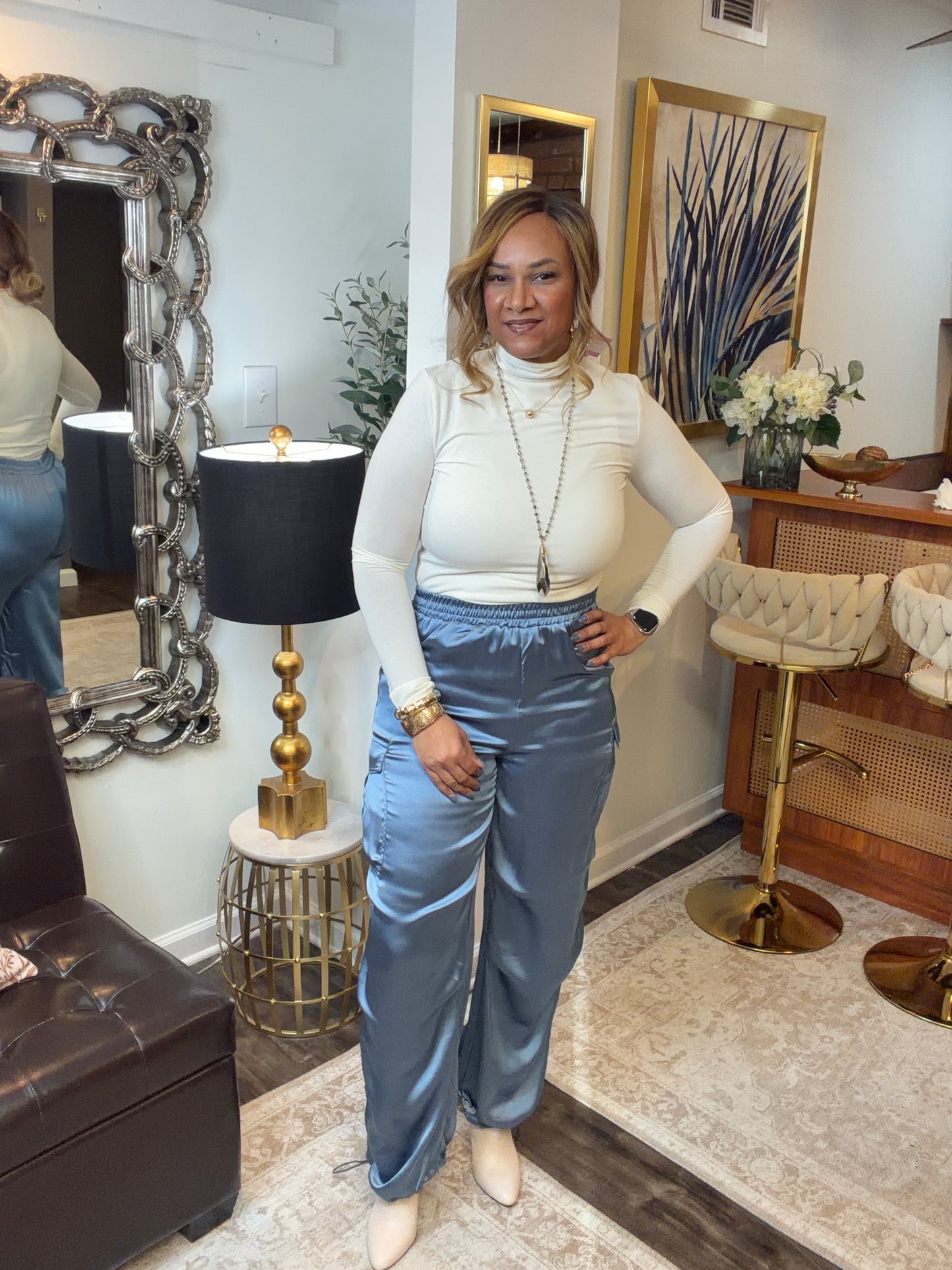 Satin Cargo Pants: GRAY BLUE