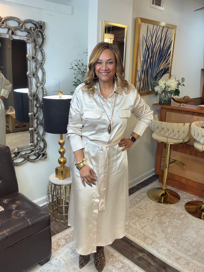 Matte Satin Belted Midi Shirt Dress Cream