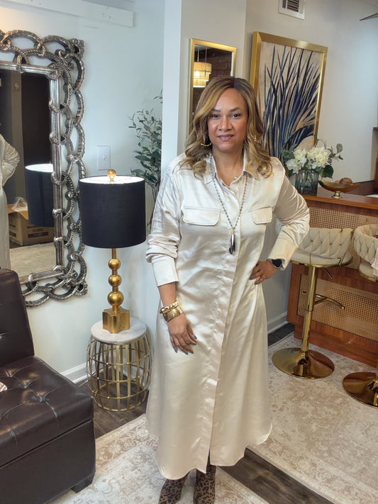 Matte Satin Belted Midi Shirt Dress Cream