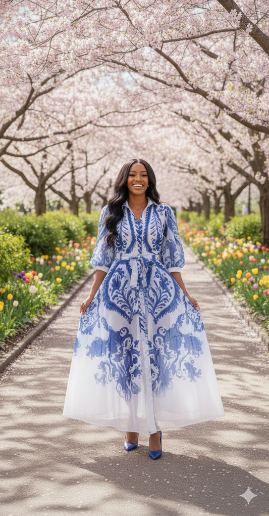 Melanie Blue and White Organza Dress