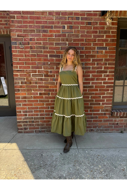 New "Brooklyn" Ric Rac Olive Tiered Midi Dress