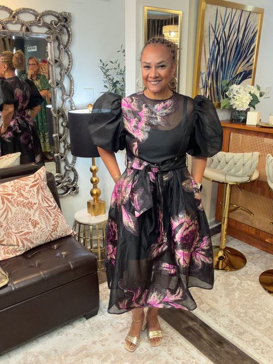 Violet Puff Sleeve Brocade Dress