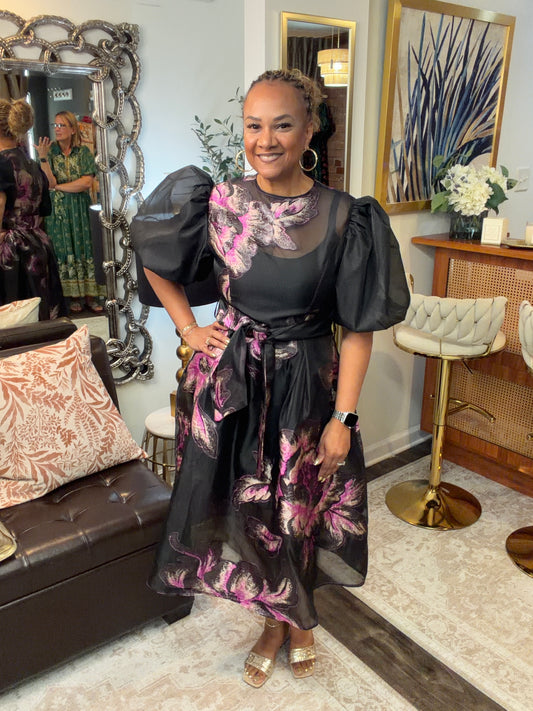 Violet Puff Sleeve Brocade Dress